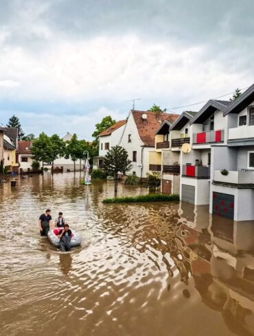 Einsatzkräfte der Freiwilligen Feuerwehr von Kleinblittersdorf sind mit dem Schlauchboot unterwegs.