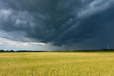 Eine Gewitterzelle mit dunklen Wolken zieht über die Landschaft im Landkreis Märkisch-Oderland in Ostbrandenburg.