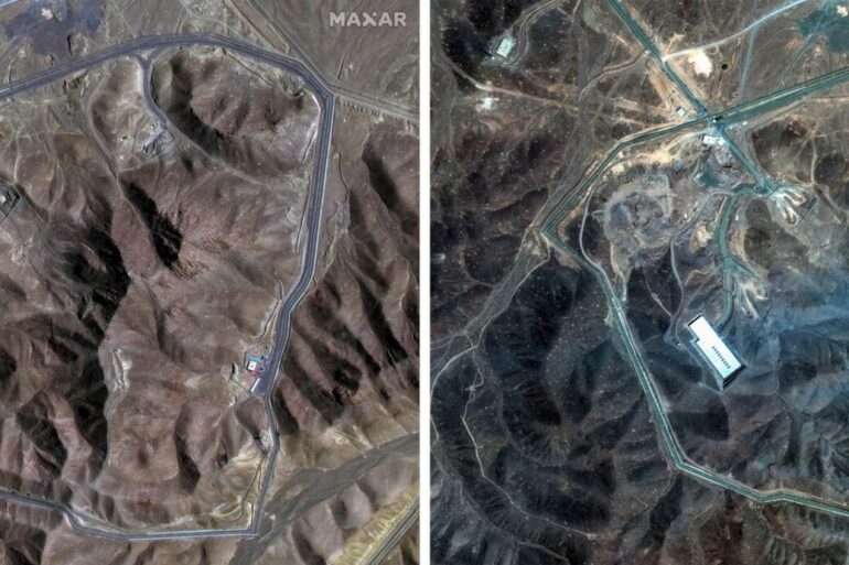 Auf einer Satellitenaufnahme der Atomanlage Fordo sind (rechts) die vermutlichen Einschlaglöcher der US-Bomben zu erkennen.