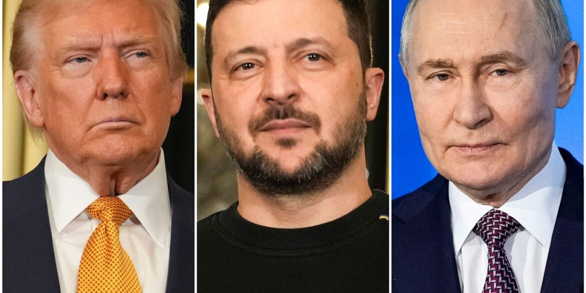 Die drei Präsidenten Trump, Selenskyj und Putin (von links) verhandeln über eine Lösung im Ukraine-Krieg. (Archivbild)