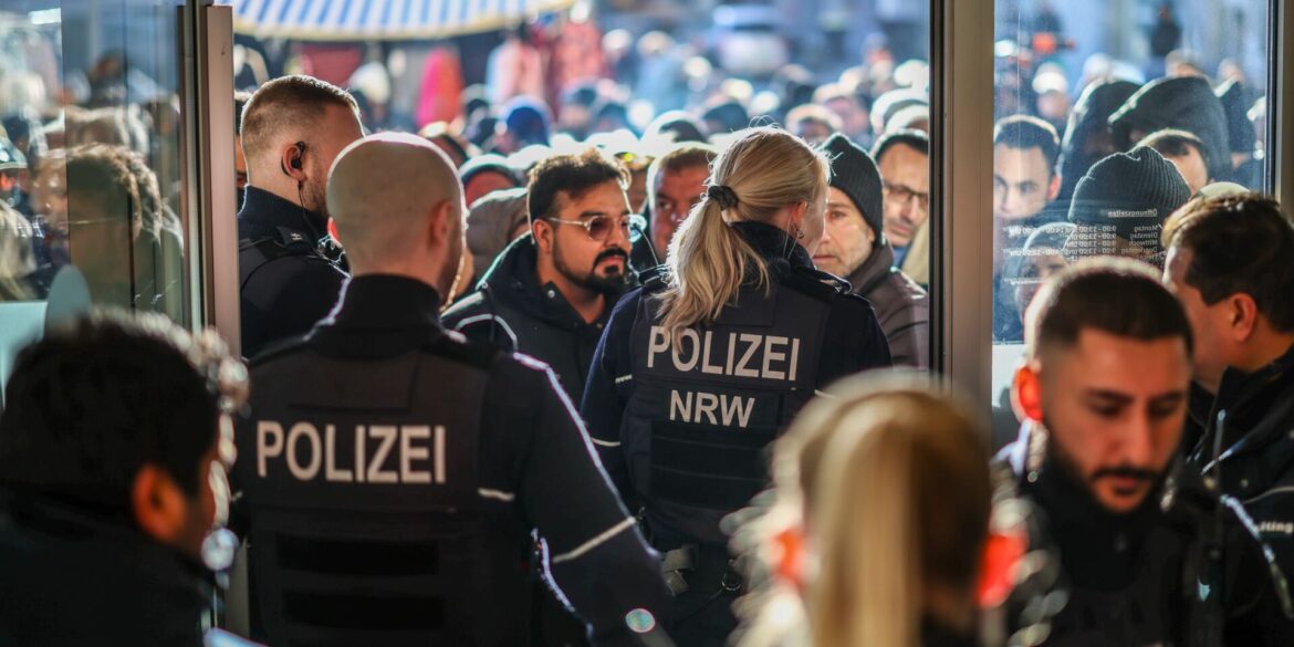 Polizeieinsatz an der Sparkassenfiliale in Gelsenkirchen-Buer. Eine große Menschenmenge versammelte sich vor der Filiale.