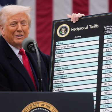Trump präsentiert eine Liste der Länder, die mit höheren Zöllen belegt wurden.