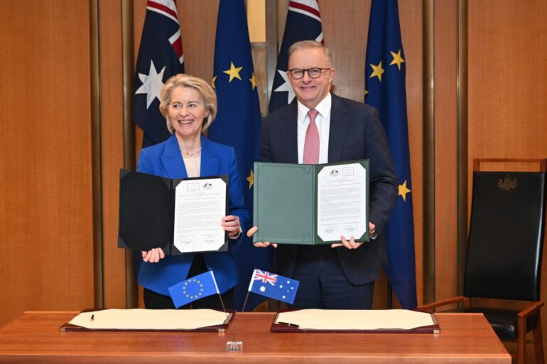 EU-Kommissionspräsidentin von der Leyen und Australiens Premier Albanese posierten strahlend vor der Presse.