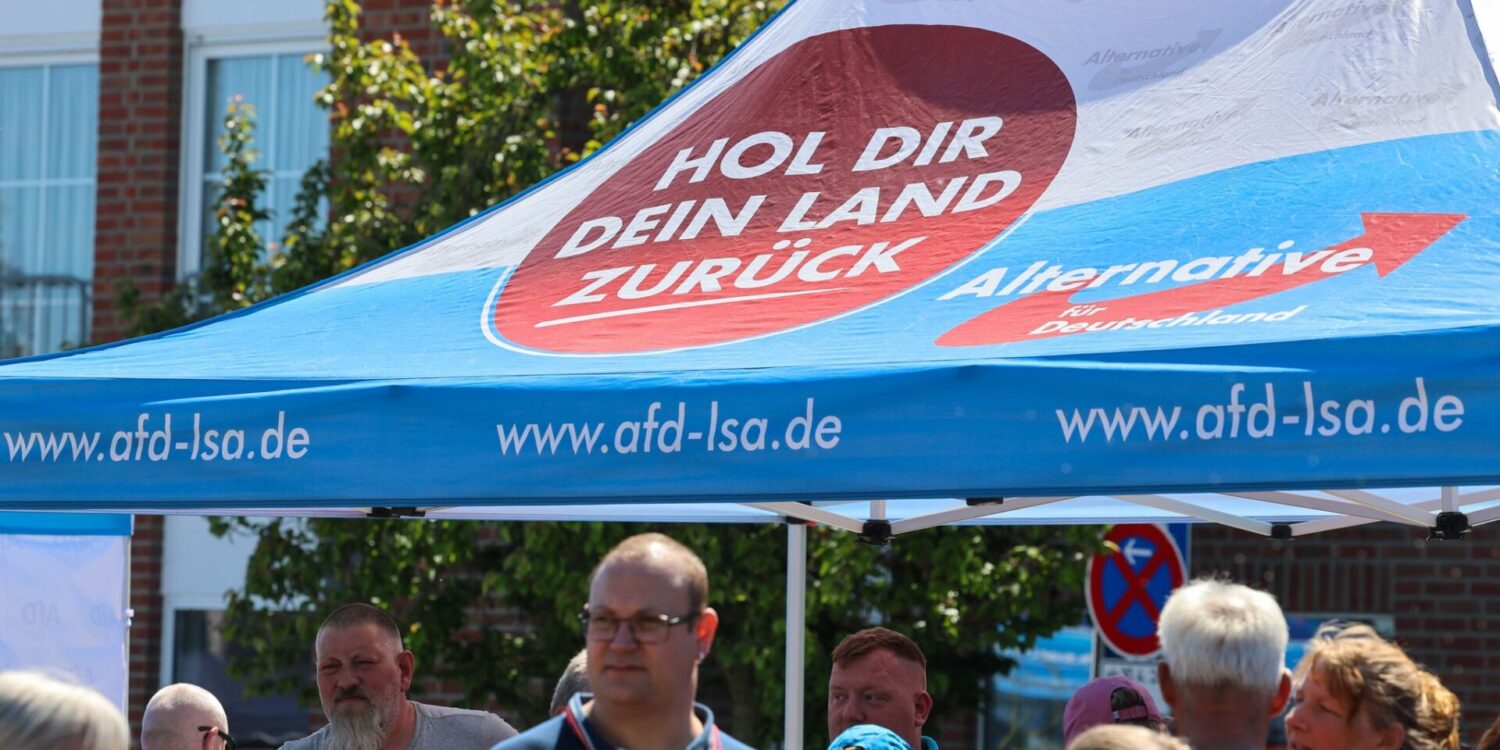 «Hol dir dein Land zurück», steht auf dem Schirm am Stand. Auf den Straßen in Sachsen-Anhalt hat die AfD inzwischen eine Menge Land erobert.