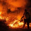 Ein Feuerwehrmann kämpft gegen die Flammen