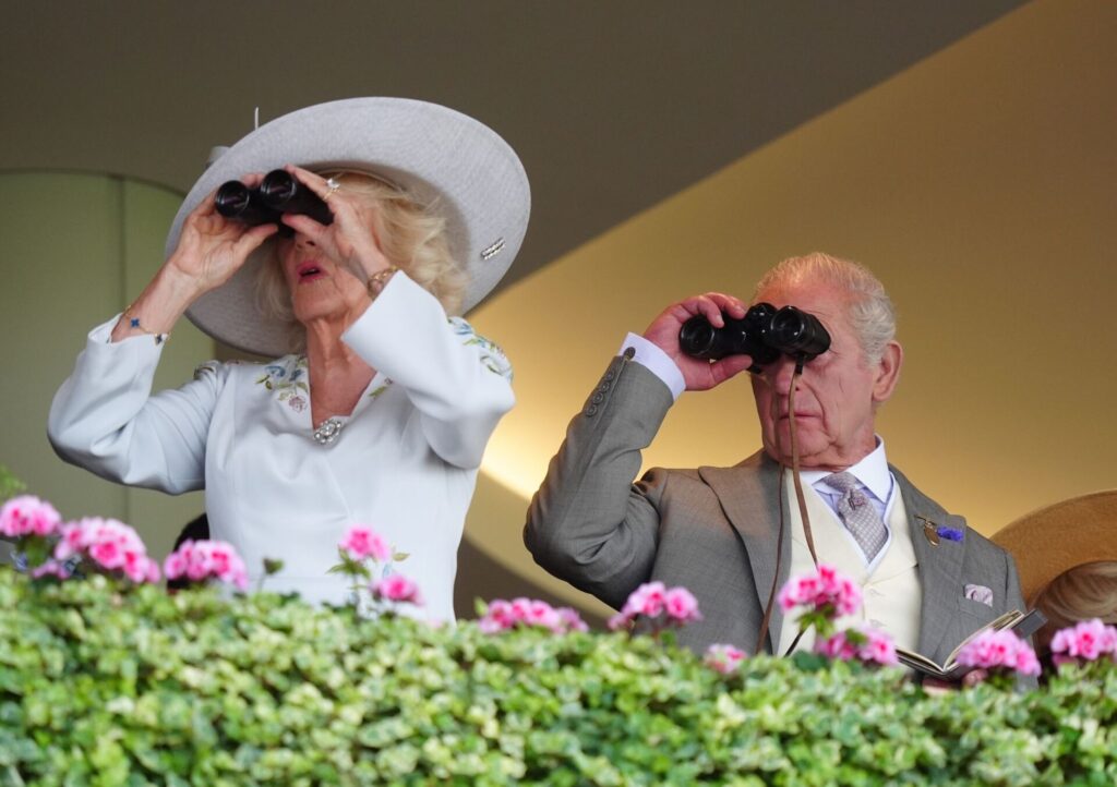 Alles im Blick: Königin Camilla und König Charles III. verfolgen die Rennen auf der Royal Ascot auf der Pferderennbahn.