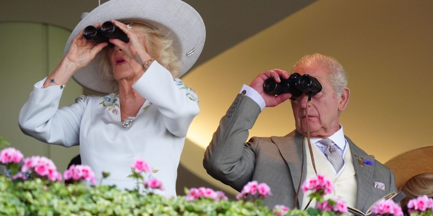 Alles im Blick: Königin Camilla und König Charles III. verfolgen die Rennen auf der Royal Ascot auf der Pferderennbahn.