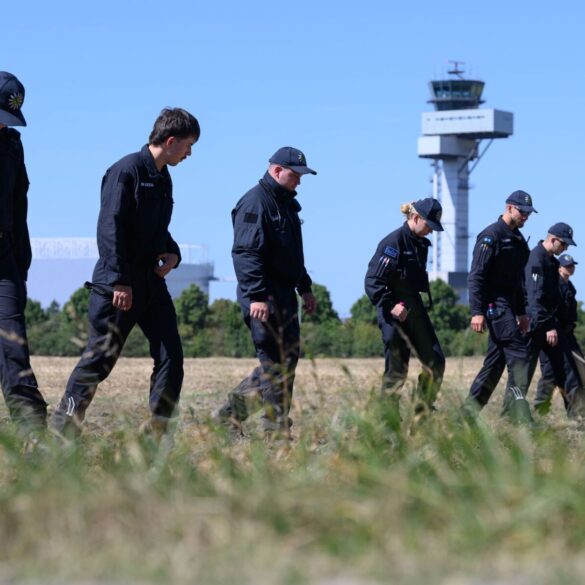 Einsatzkräfte durchkämmten nach der Entdeckung der Drohne die Umgebung des Flughafens. (Archivbild)