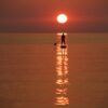 Ein Urlauber steuert bei Sonnenuntergang vor der Küste von Jantarny dem früheren ostpreußischen Palmnicken, einem Ferienort in der westrussischen Region Kaliningrad, ein Stand-up-Paddleboard.