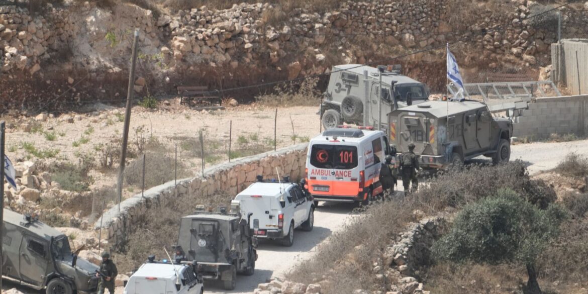 Israelische Soldaten und Krankenwagen am Ort eines neuen Angriffs israelischer Siedler in einem palästinensischen Dorf.