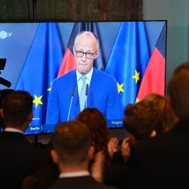 Das Statement des Kanzlers wurde auf der CDU-Wahlparty im Berliner Abgeordnetenhaus übertragen.