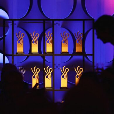 Die Trophäen des Deutschen Schauspielpreises stehen vor der Verleihung in Berlin auf einem Regal.
